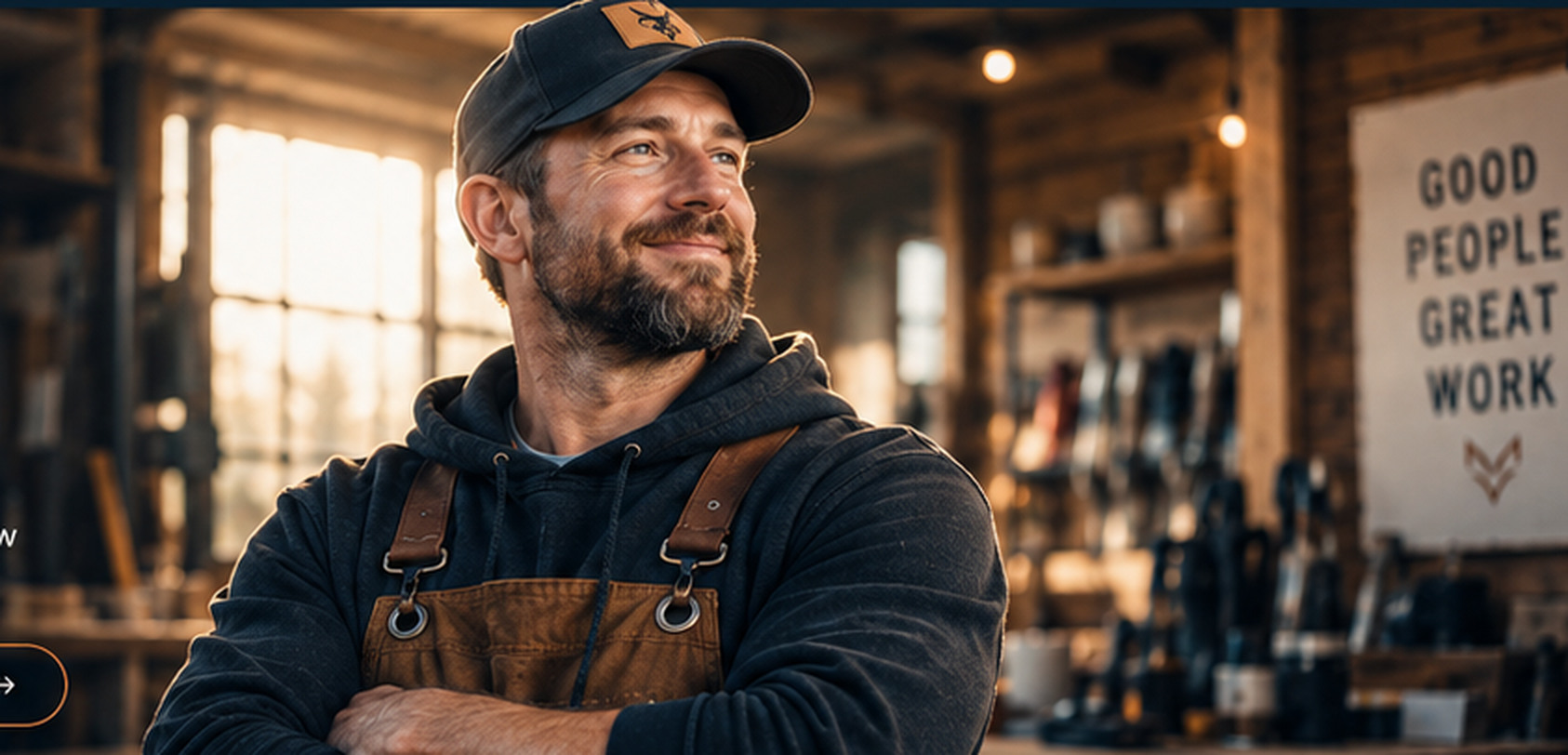 Independent craftsman standing in a warmly lit workshop