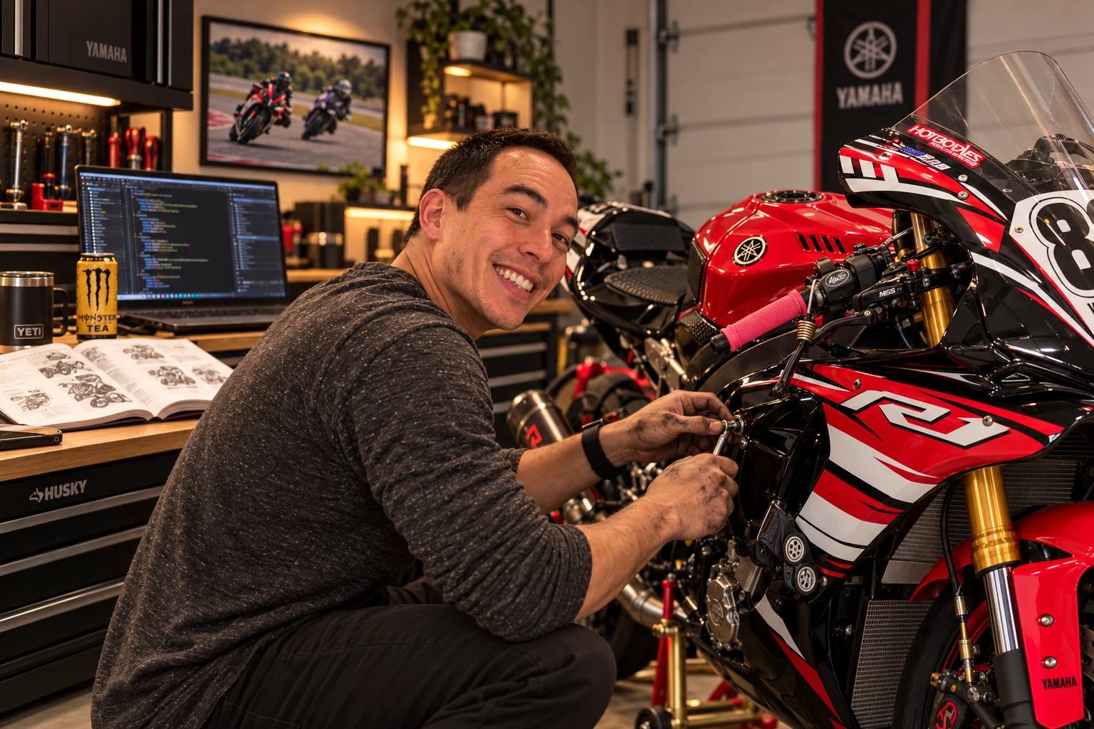 Chris smiling while working on his Yamaha R1 motorcycle in his garage workshop